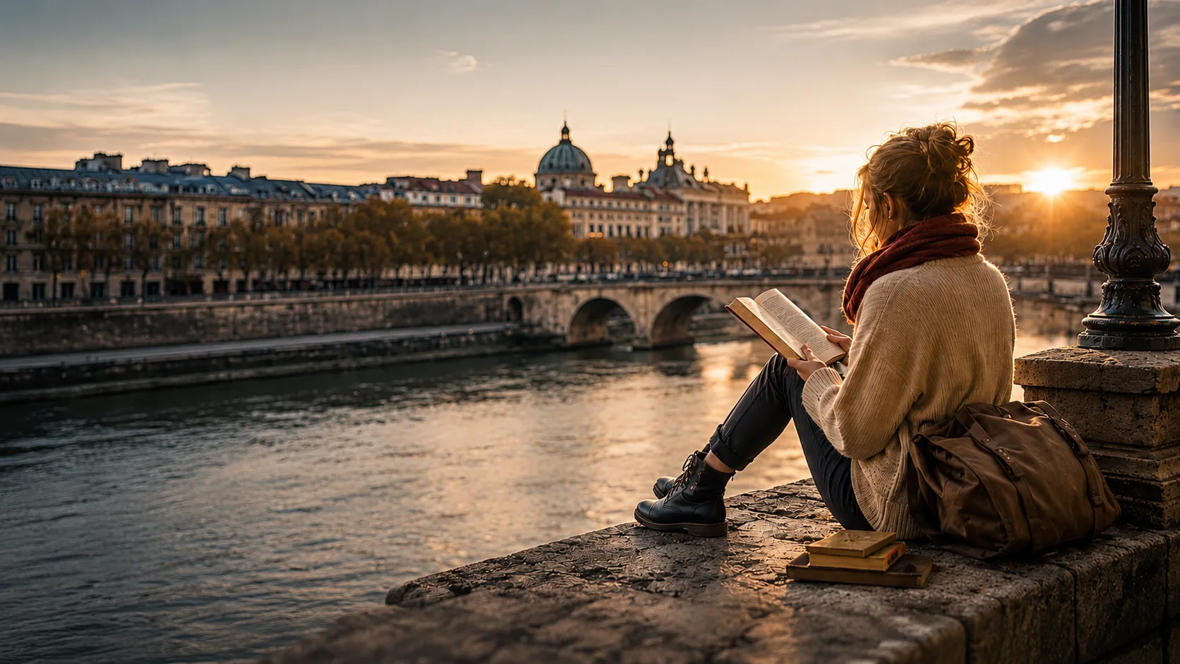 Viajera leyendo un libro frente a una ciudad al atardecer