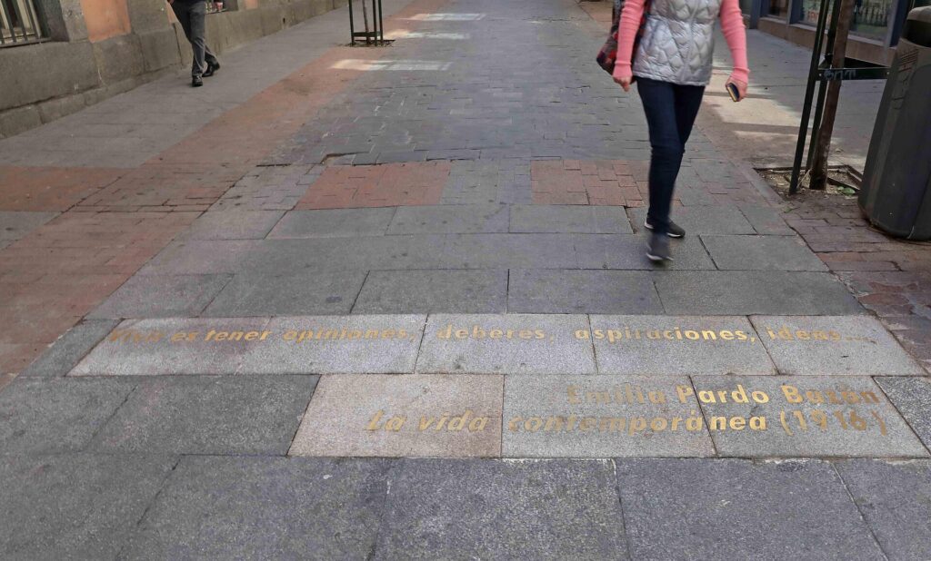 Emilia Pardo Bazán quotation set into the pavement of Calle de las Huertas, in Madrid's Barrio de las Letras