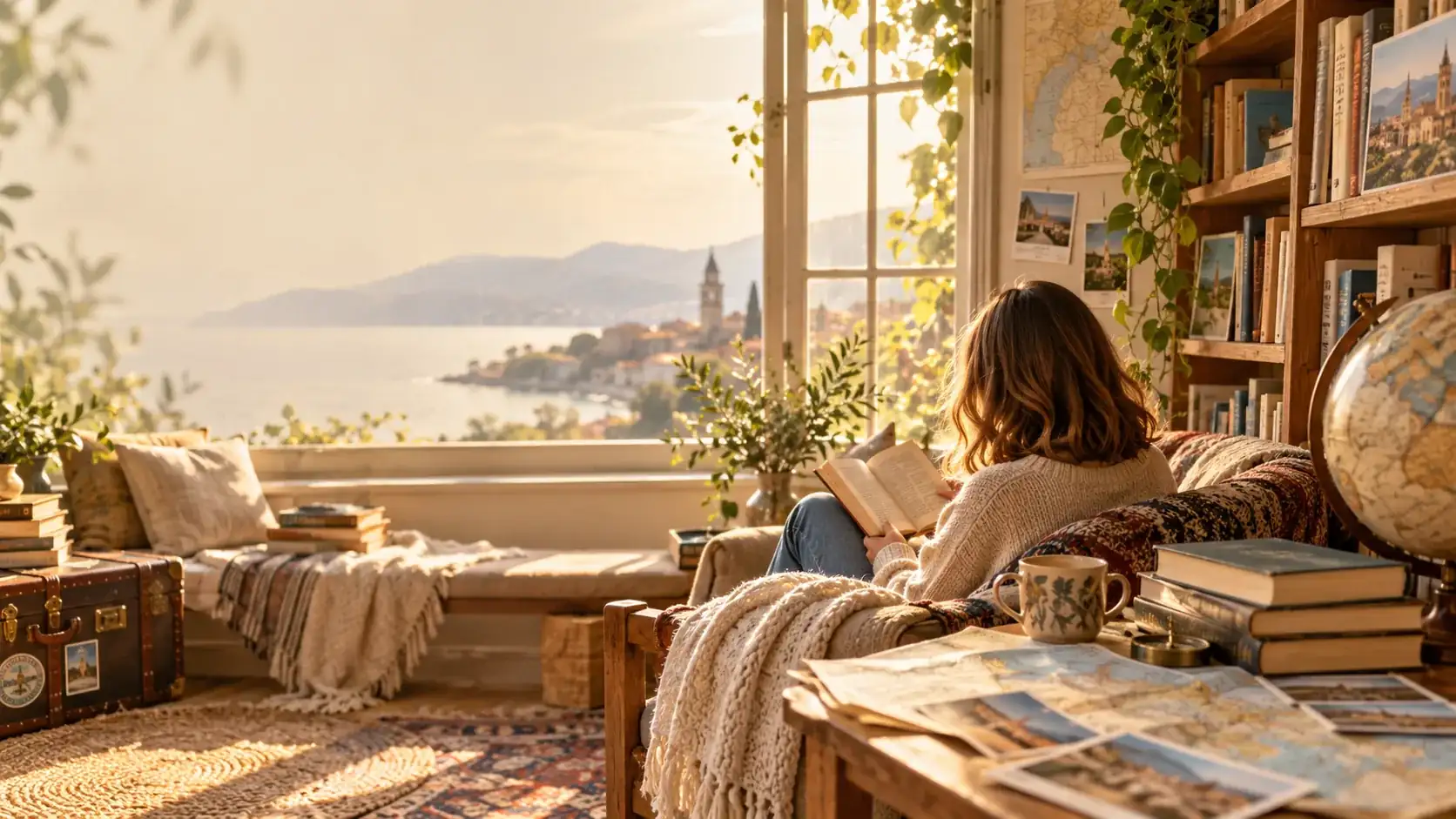 Mujer de espaldas, con melena bob castaña clara, leyendo junto a una ventana con vistas al mar y libros de viaje